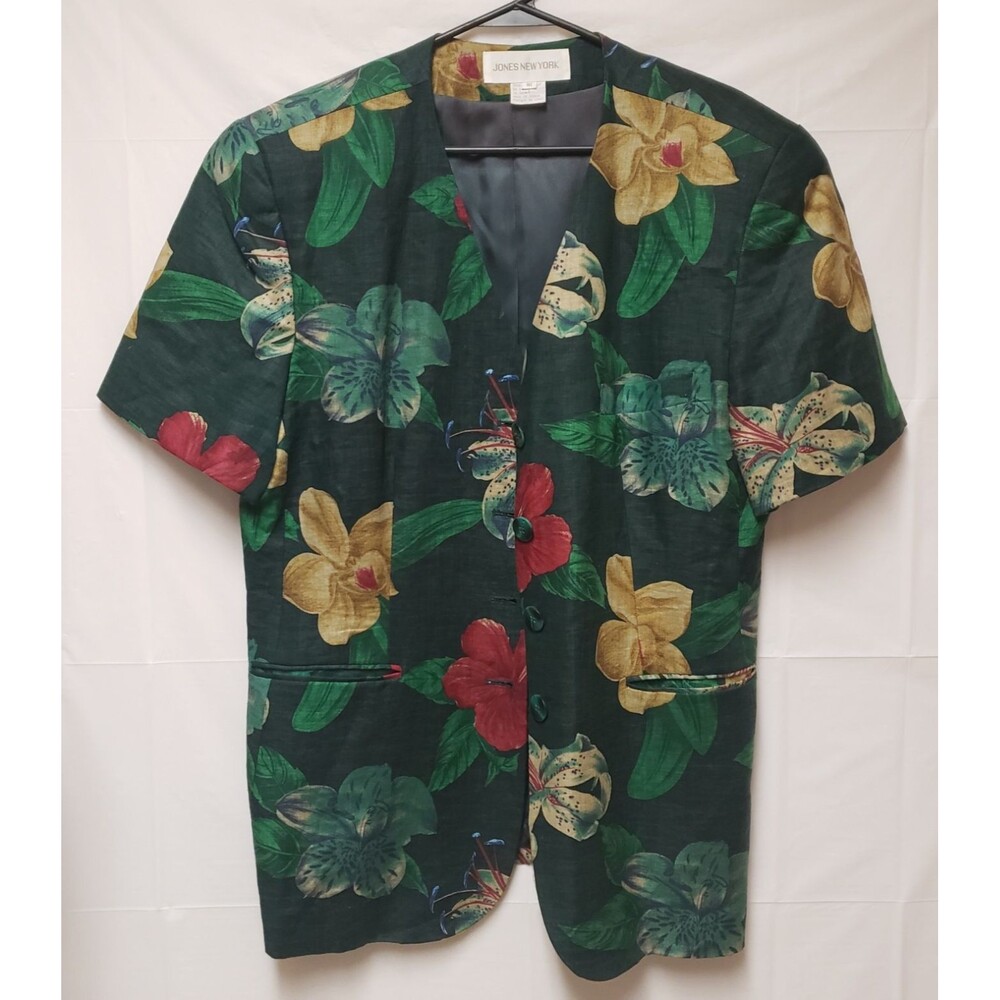 VTG Jones New York Women’s Olive Floral Linen Short Sleeve Blazer Size 16 NWOT